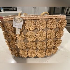 NWT Beach Bag/ Tote/ Purse Handcrafted with Raffia Flowers and Beaded Handles
